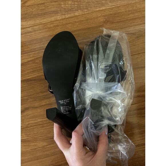 Colin Stuart Black Platform Stiletto Pumps Black Gold Ruffled Tie Up New 7.5 - Picture 6 of 8